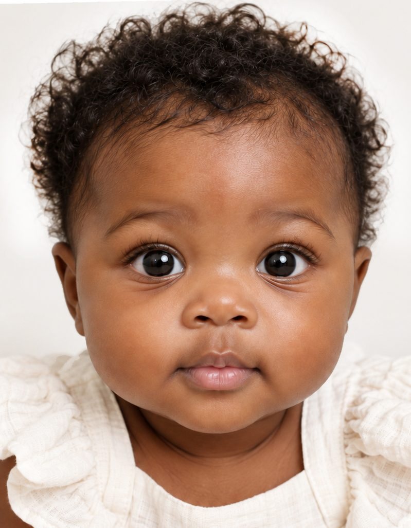 Passbild eines Babys mit dunklen Locken