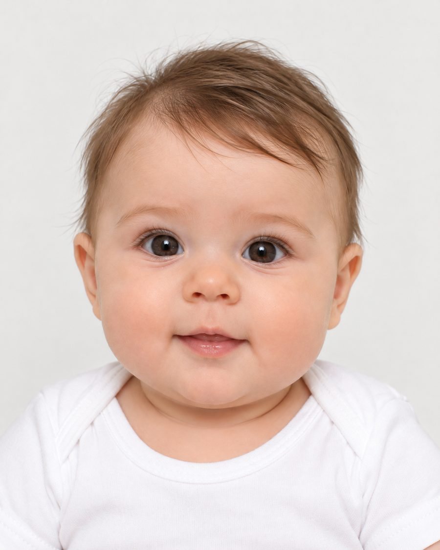Biometrisches Passbild eines Babys im weißen Body vor hellem Hintergrund